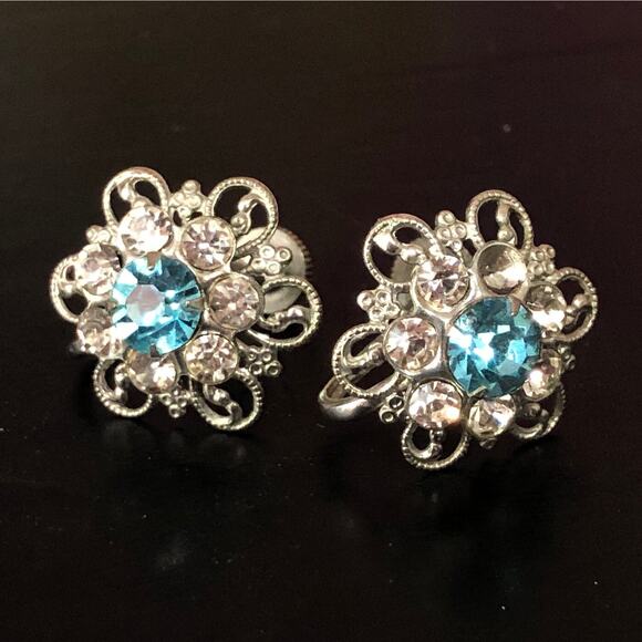 Vintage Rhinestone Flower Earrings, 1950s Screw Back Non-Pierced Ears, Blue - Picture 1 of 7